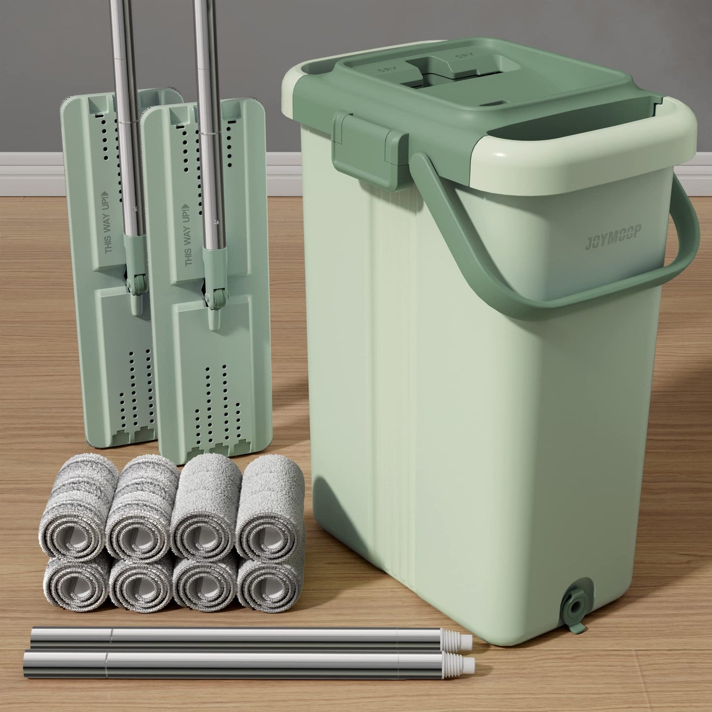 JOYMOOP Wall Mop and Bucket Set, Hands-Free Flat Floor Mop with 3 Washable Microfiber Pads, Wet and Dry Use, Ideal for Home and Commercial Floor Cleaning