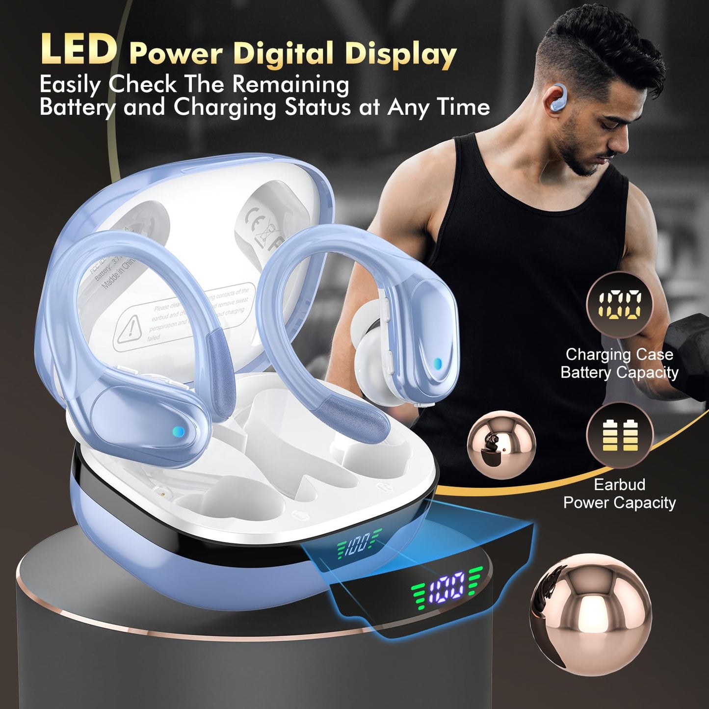 HAOYUYAN Wireless Earbuds, Sports Bluetooth Headphones, 80Hrs Playtime Ear Buds with LED Power Display, Noise Canceling Headset, IPX7 Waterproof Earphones for Workout/Running (Purple)