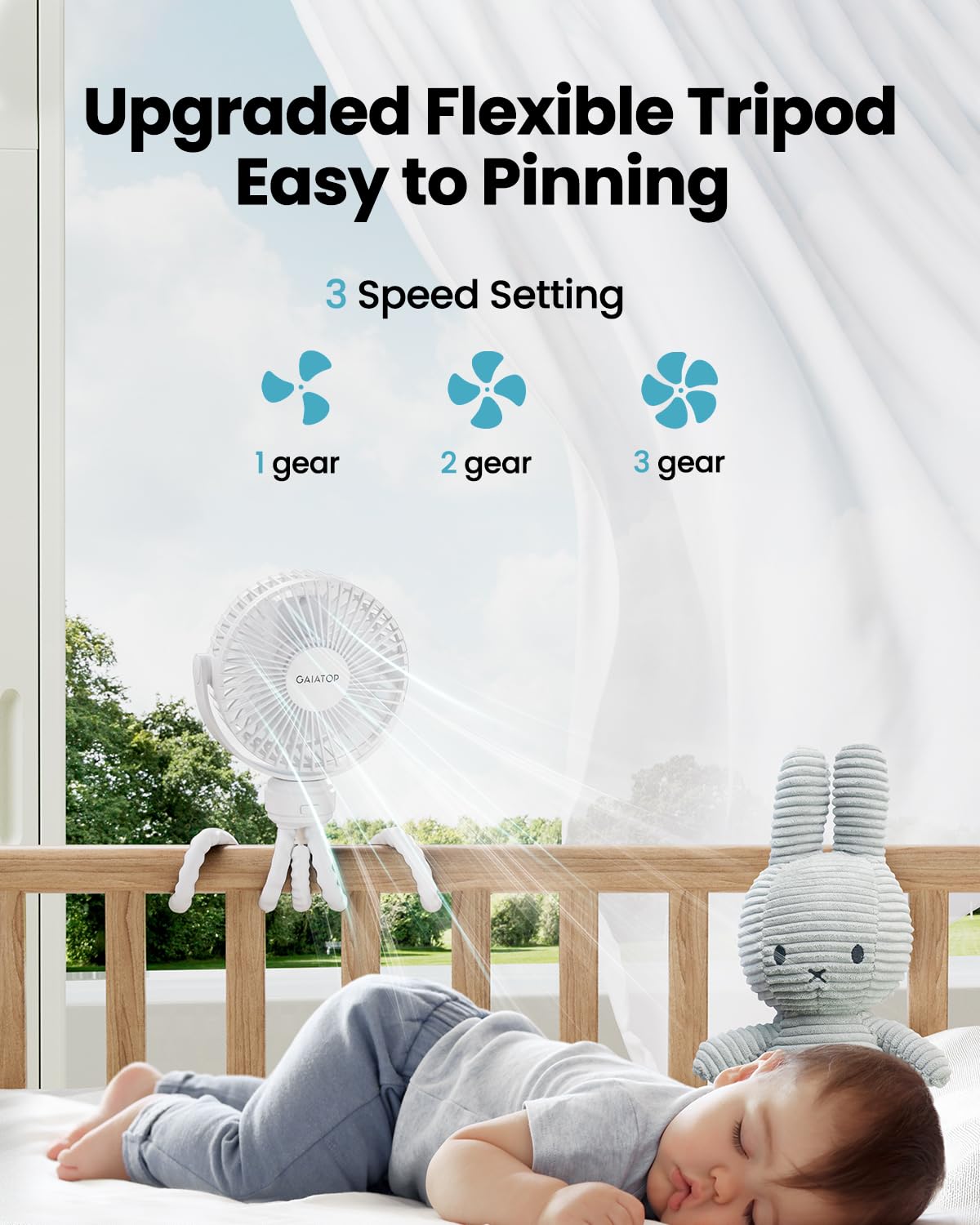 Gaiatop Mini Portable Stroller Fan, Small Clip on Fan 3 Speed Rechargeable