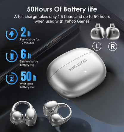 King Lucky Clip-On Earbuds Gen 3, Open-Ear Wireless Bluetooth 6.0 Headphones with Mic, Secure Fit for Small Ears & Glasses Wearers, 50H Playtime, ENC, IPX5 Waterproof Sport Ear Buds (Purple)