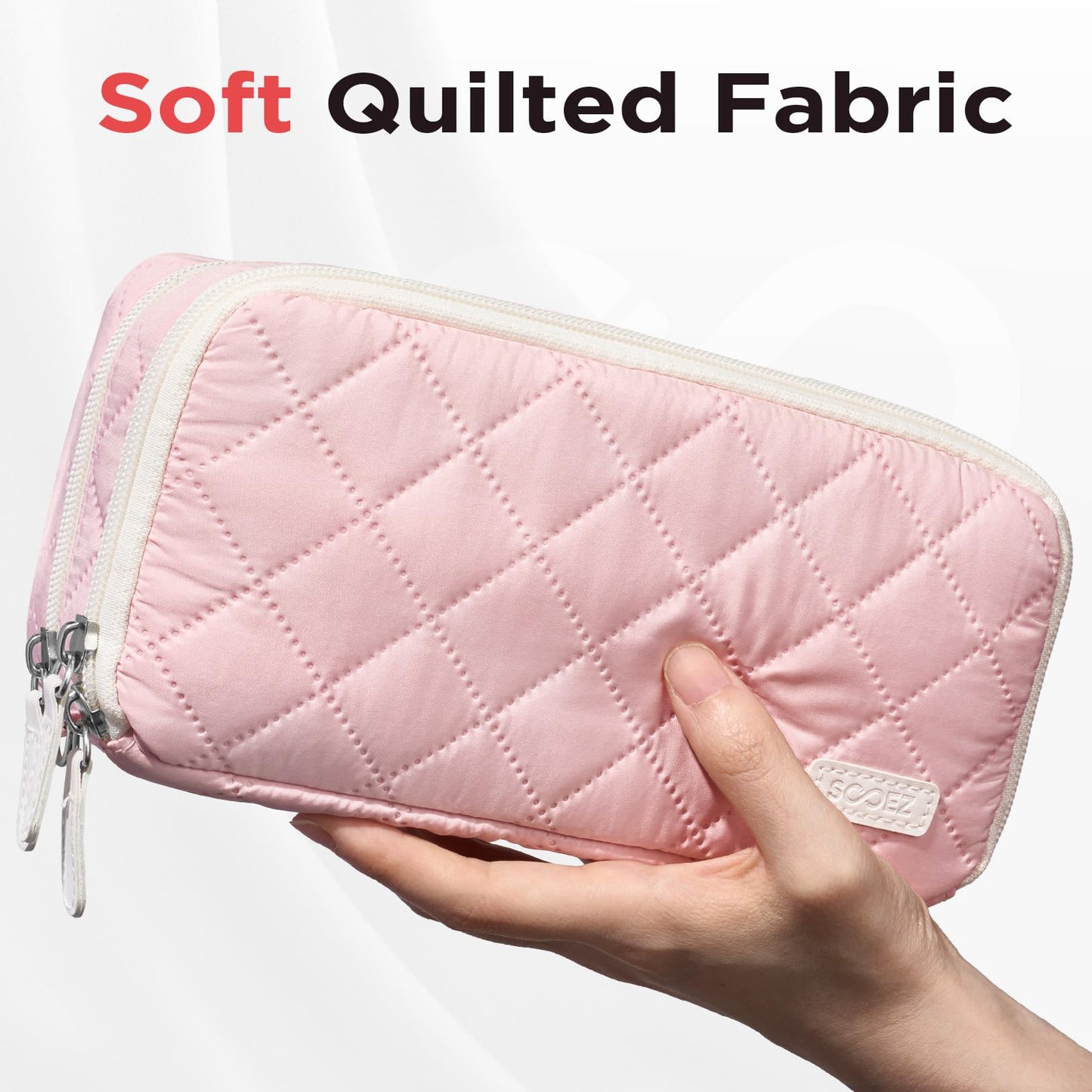 Sooez Large Pencil Case Pouch, Extra Big Pencil Bag with 8 Compartments, Pen Bag Wide Opening, Soft Quilted Pencil Pouch Organizer with Zipper, Portable Pencil Case for Teen Girls, Beige