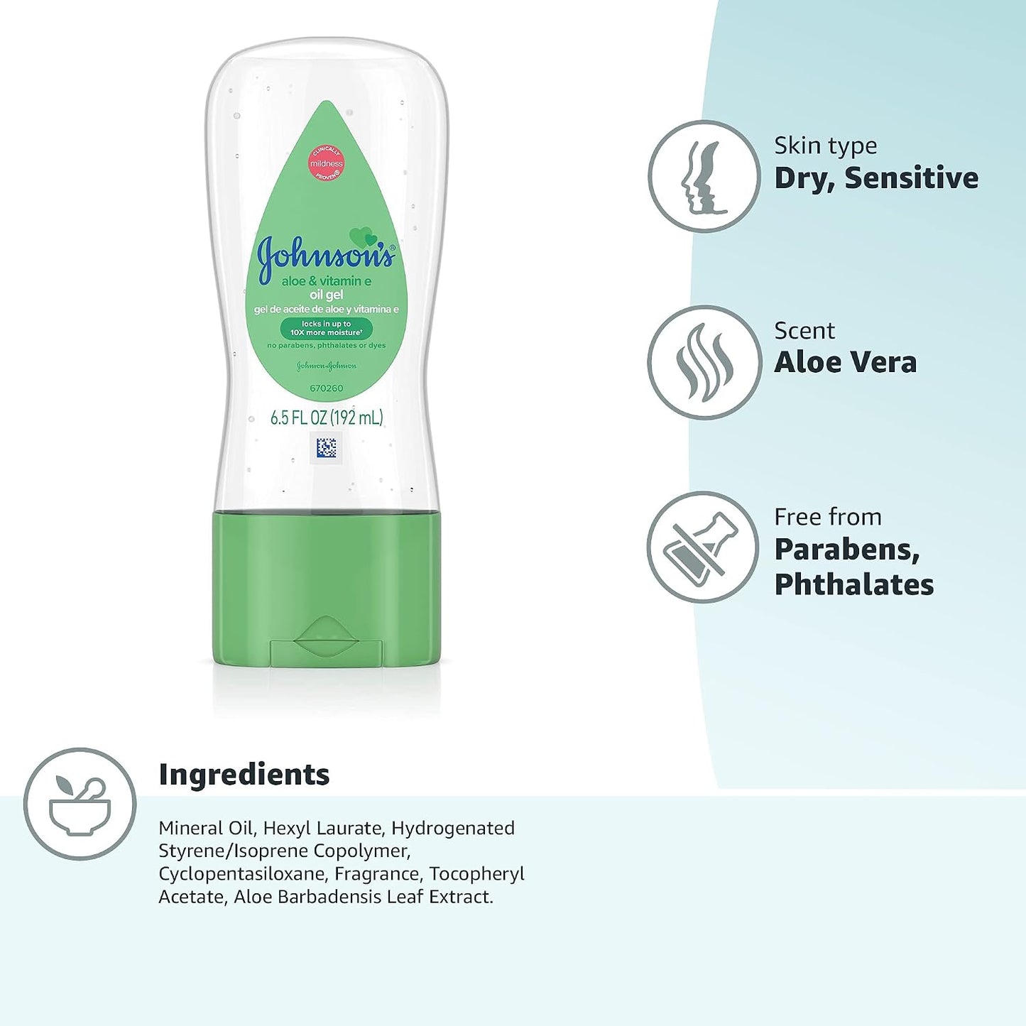 Johnson's Baby Oil Gel, Aloe Vera & Vitamin E, 6.5 fl oz