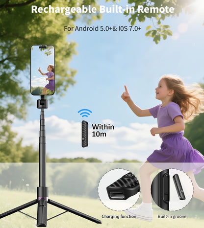TONEOF 68" Magnetic Aluminum Phone Tripod Selfie Stick for iPhone & Android