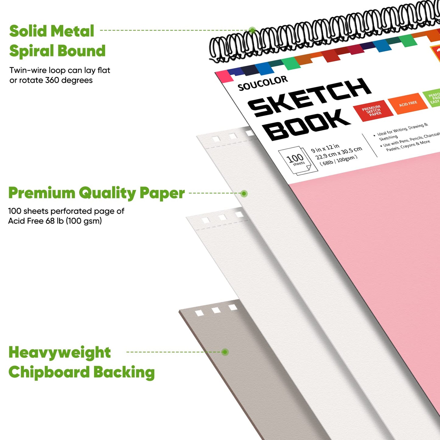 Soucolor Sketch Book 9" x 12", 100 Sheets Kids Art Sketchbook Drawing Pad