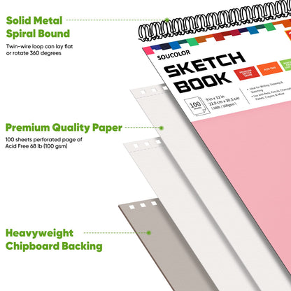 Soucolor Sketch Book 9" x 12", 100 Sheets Kids Art Sketchbook Drawing Pad