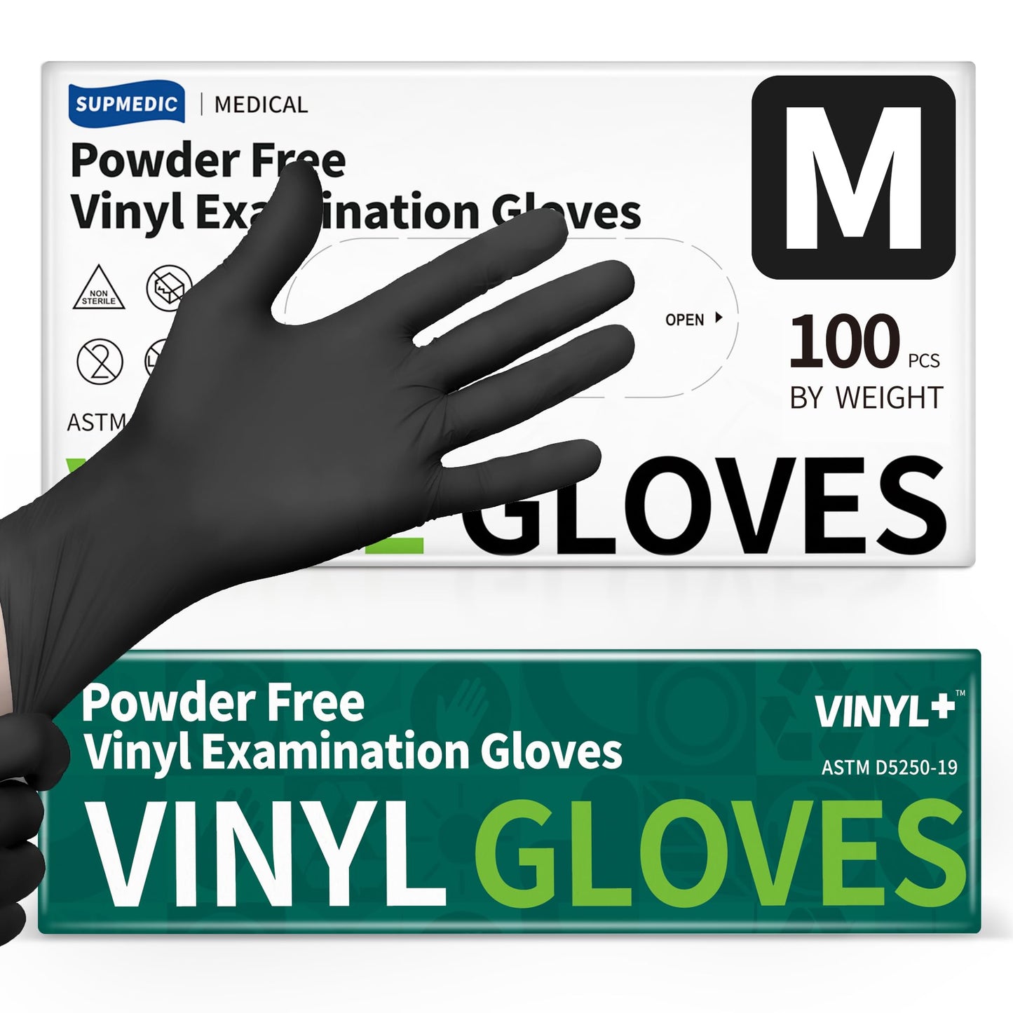 Supmedic Vinyl Disposable Exam Gloves, Black 4Mil Powder-Free Latex-Free Medical Food Safe Cooking Cleaning Glove 100 &1000Ct