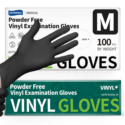 Supmedic Vinyl Disposable Exam Gloves, Black 4Mil Powder-Free Latex-Free Medical Food Safe Cooking Cleaning Glove 100 &1000Ct
