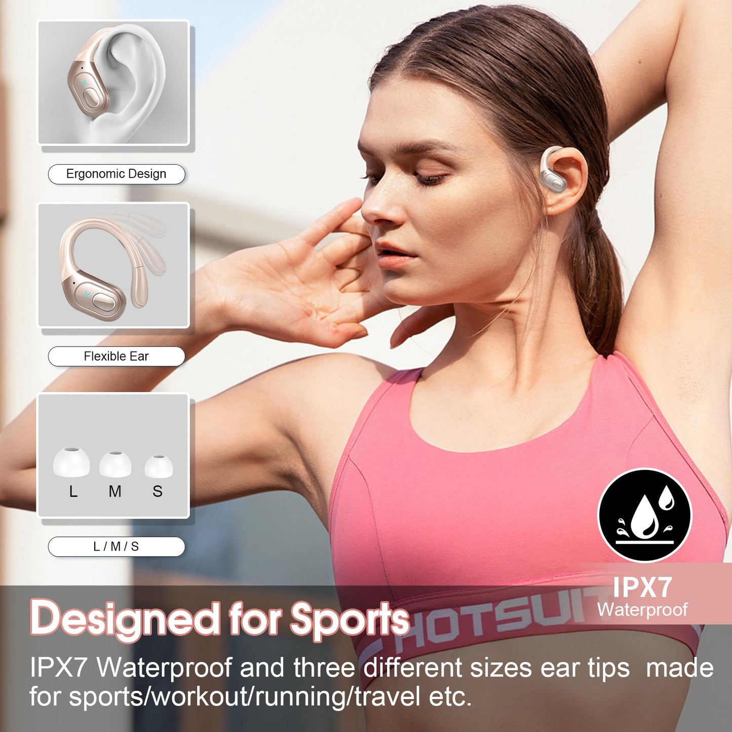 Wireless Earbuds 75H Bluetooth 5.4 Sport Headphones with Earhooks, Black