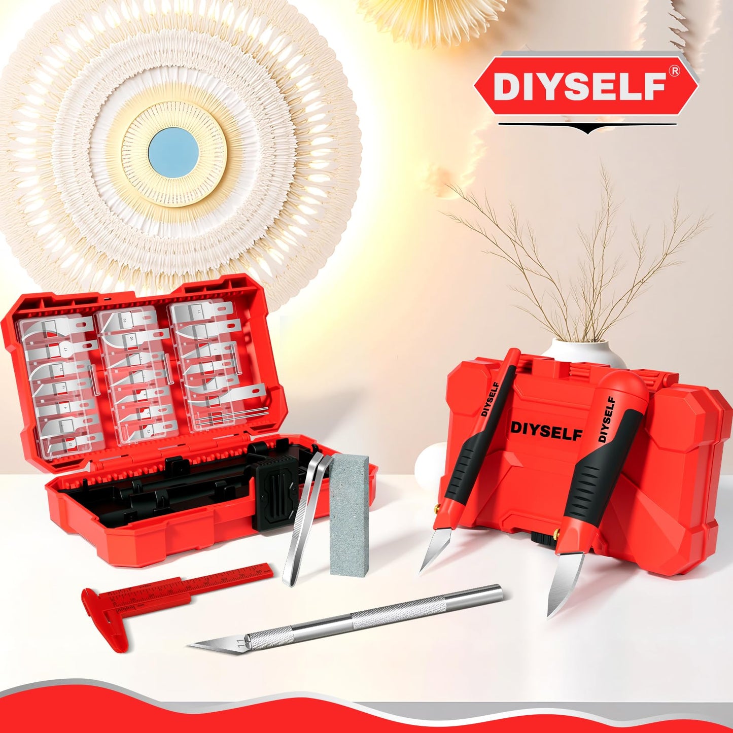DIYSELF Exacto Knife Set with 10 Extra #11 Blades, 6-Inch Metal Ruler, Pink