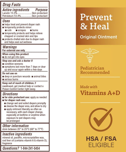 A+D Original Diaper Rash Ointment Prevents & Treats Diaper Rash, Moisturizing Skin Protectant with Vitamins A & D, Healing Skin Ointment for Dry and Cracked Skin 4oz