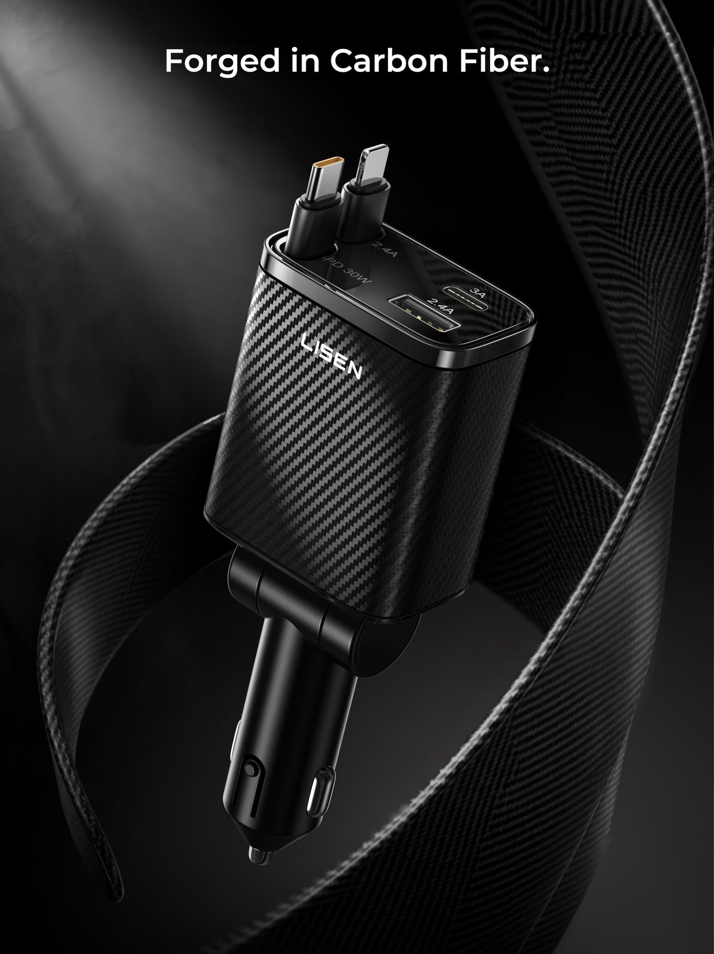 LISEN Retractable Car Charger, 84W Car Charger USB C Fast Charge, 4 in 1
