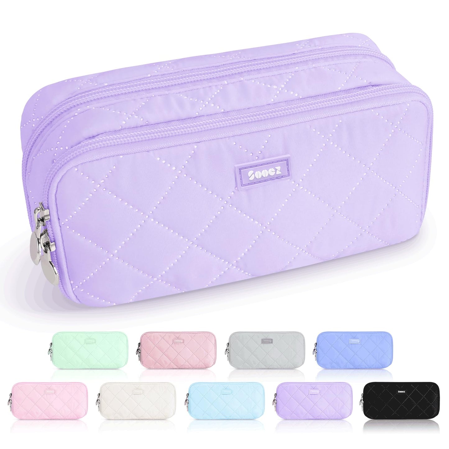 Sooez Large Pencil Case Pouch, Extra Big Pencil Bag with 8 Compartments, Pen Bag Wide Opening, Soft Quilted Pencil Pouch Organizer with Zipper, Portable Pencil Case for Teen Girls, Beige