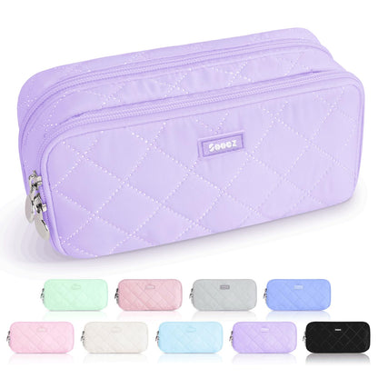 Sooez Large Pencil Case Pouch, Extra Big Pencil Bag with 8 Compartments, Pen Bag Wide Opening, Soft Quilted Pencil Pouch Organizer with Zipper, Portable Pencil Case for Teen Girls, Beige