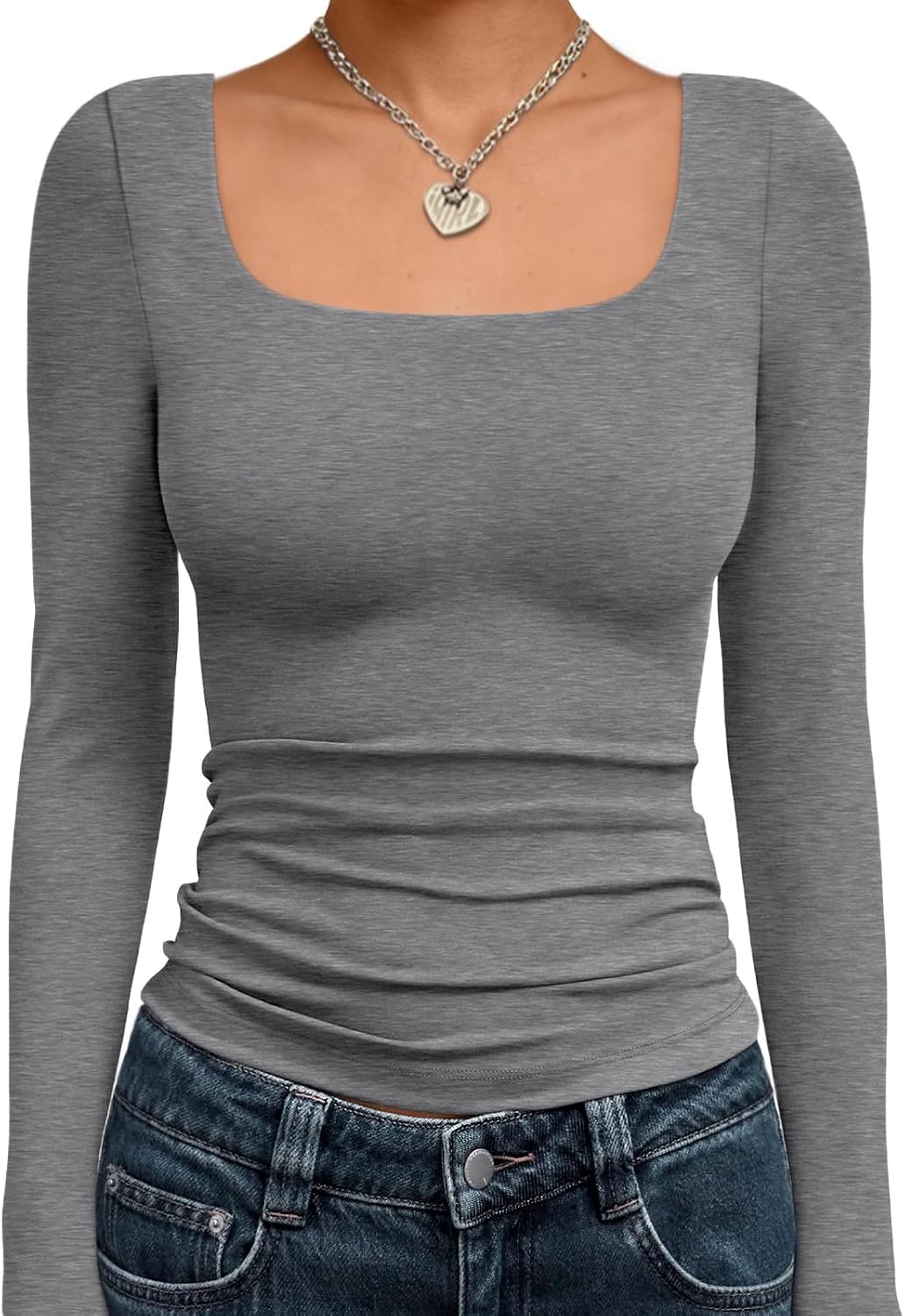 Trendy Queen Womens Square Neck Long Sleeve Shirts Double Lined Fall Tops