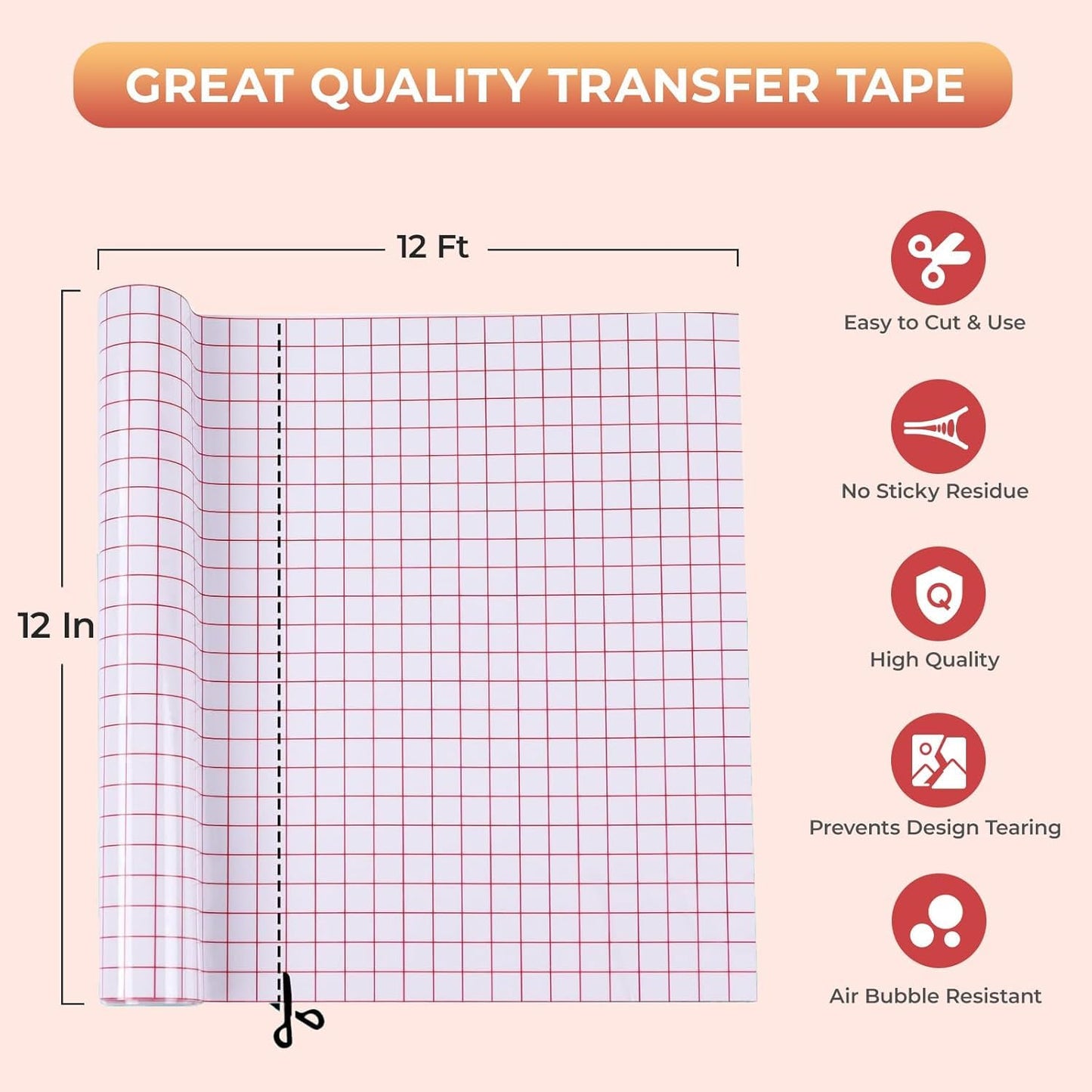 YRYM HT Transfer Tape for Vinyl, 12" x 50 FT, Medium Tack, Red