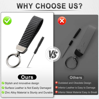JUSTTOP Leather Keychain, Carbon Fiber Car Key Chain with Anti-Lost D-Ring and 2 Key Ring, Keychain Wristlet, Car Accessories, Universal Keychain for Men and Women (Black)