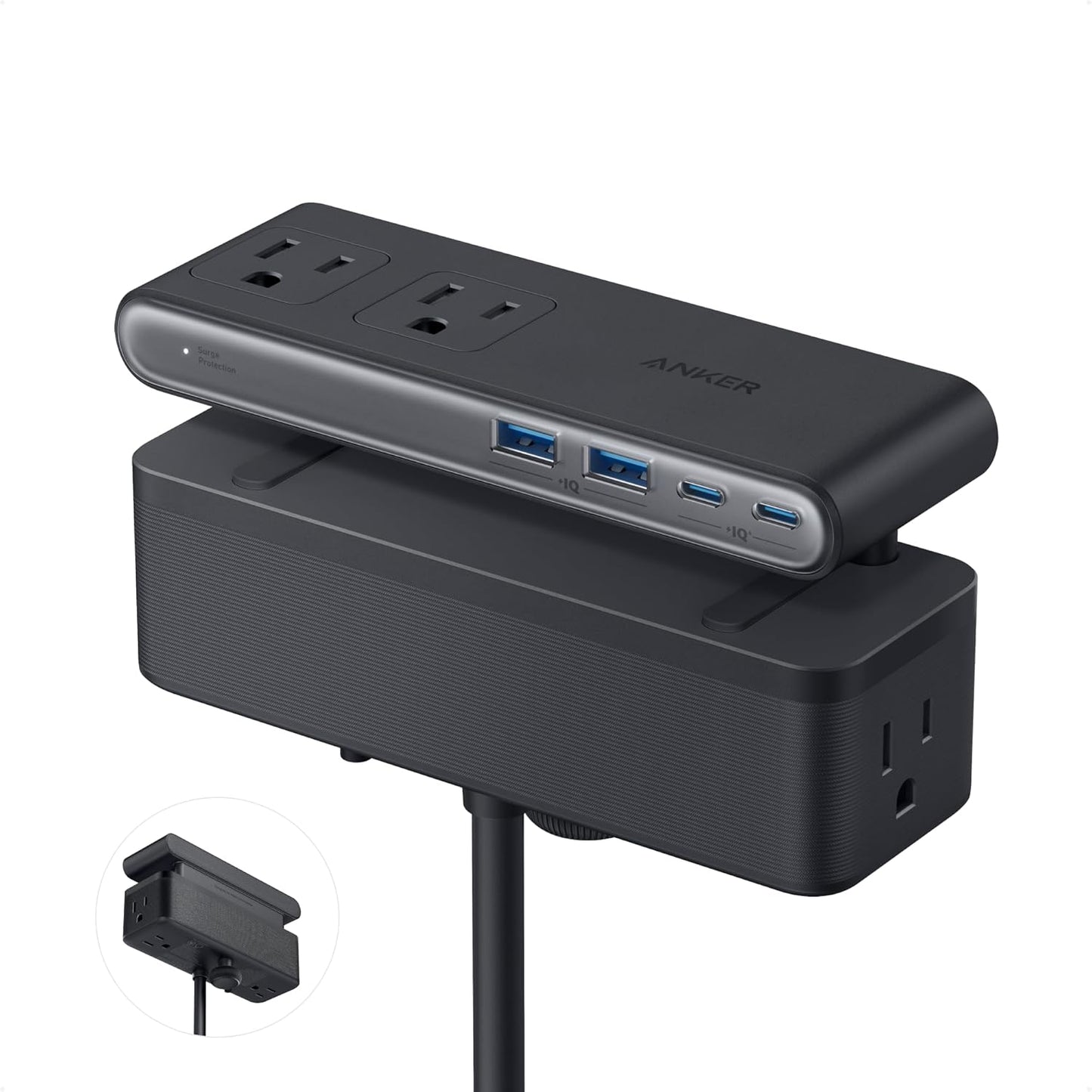 Anker Nano Power Strip, Desk Clamp, 70W Max, 1500J Surge Protector, 2 USB C