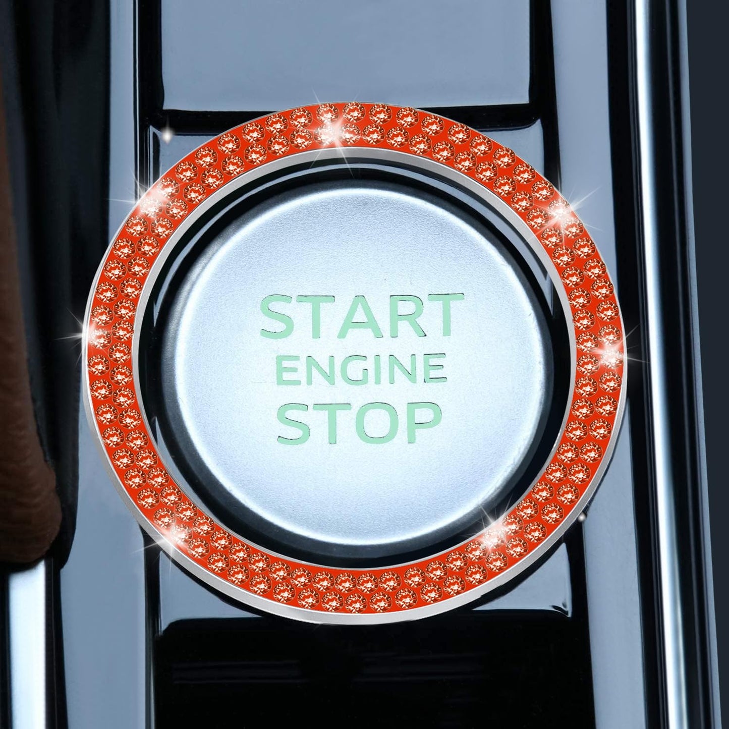 LivTee 2 PCS Crystal Double Rhinestone Car Engine Start Stop Decoration Ring, Bling Car Interior Accessories for Women, Push to Start Button Cover Sticker, Automotive Decals, Light Green