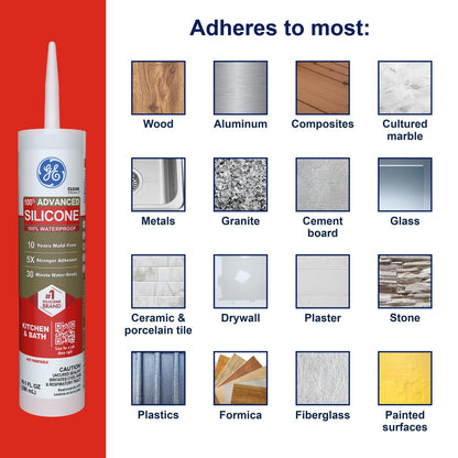 GE Advanced Silicone Caulk for Kitchen & Bathroom, White, 10 fl oz Cartridge, 1 Pack - 100% Waterproof Silicone Sealant, 5X Stronger Adhesion, Shrink & Crack Proof