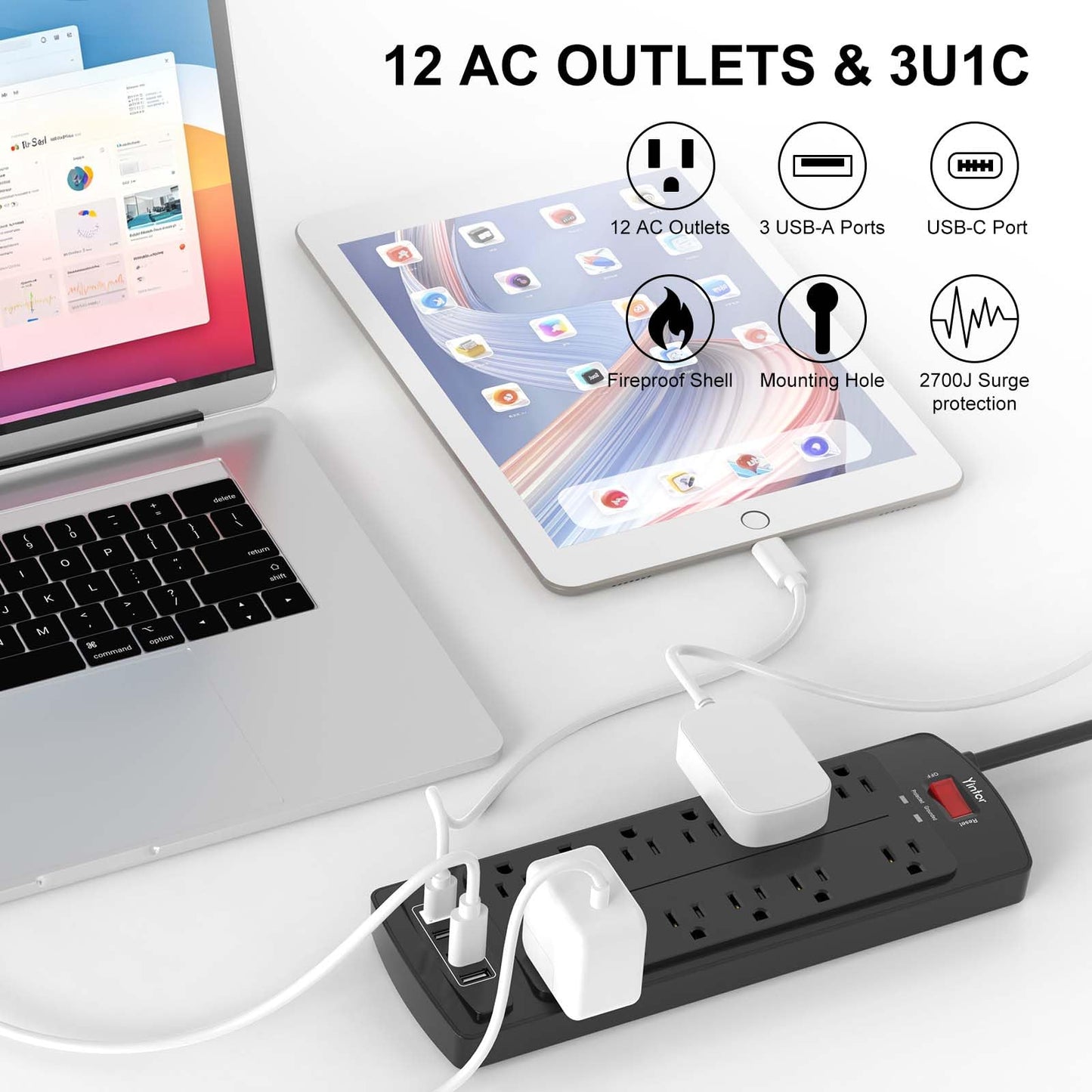 Yintar 6Ft Surge Protector Power Strip with 8 Outlets and 4 USB Ports