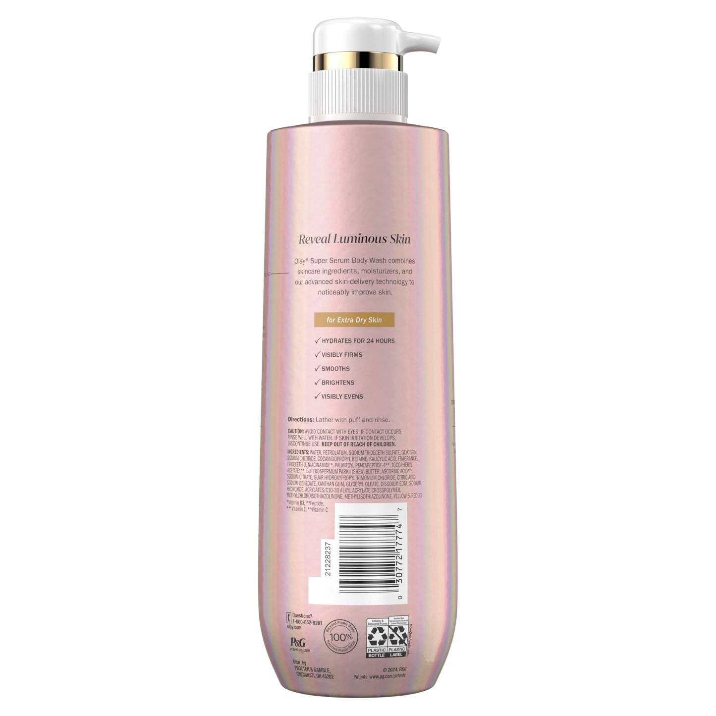 Olay Super Serum Body Wash for Extra Dry Skin, 24hr Long Lasting Rich Hydration, 5+ Ingredient Complex for Bright, Even, Firm, & Luminous Skin, with Collagen Peptide, Vitamin C & Shea Butter, 20 fl oz