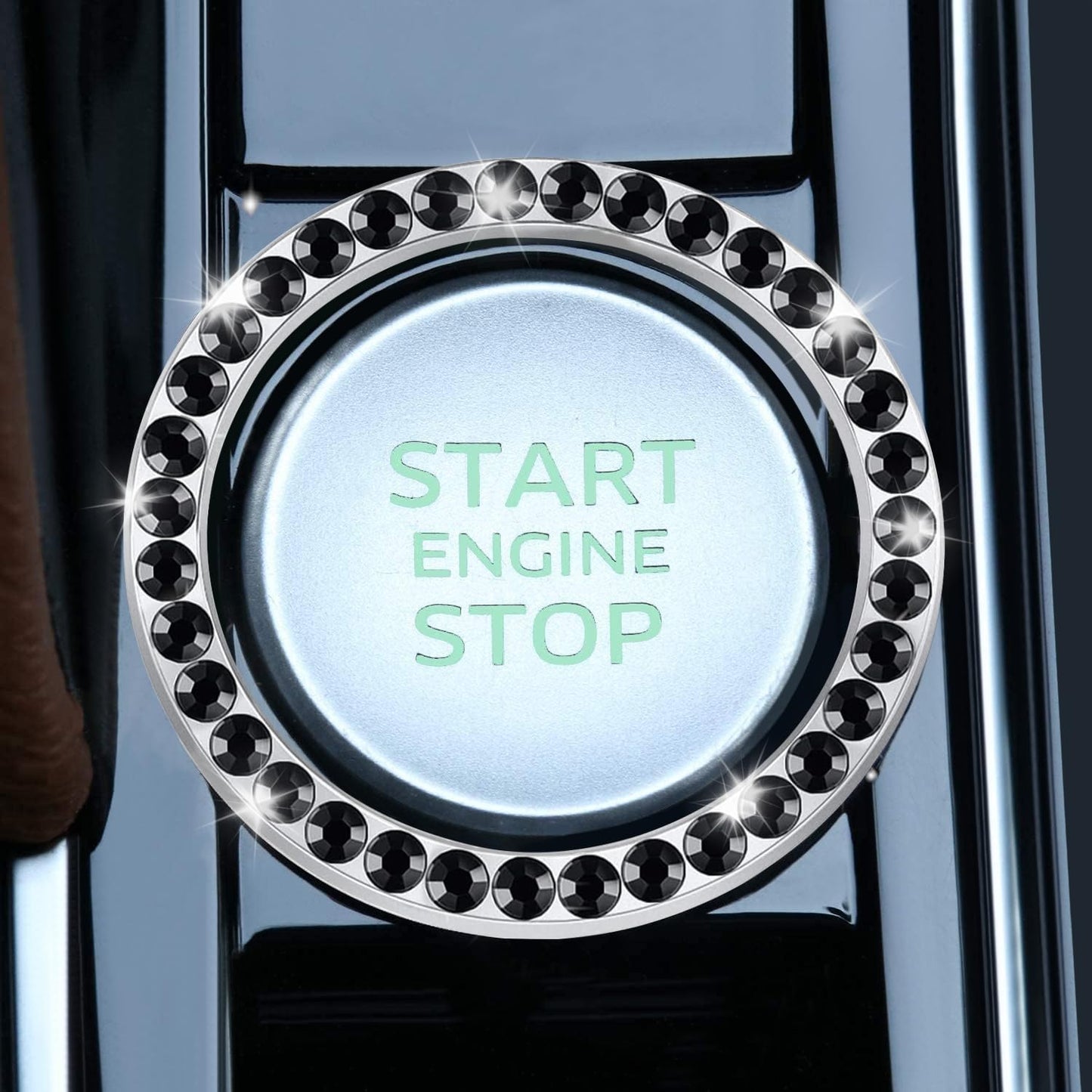 LivTee 2 PCS Crystal Double Rhinestone Car Engine Start Stop Decoration Ring, Bling Car Interior Accessories for Women, Push to Start Button Cover Sticker, Automotive Decals, Light Green