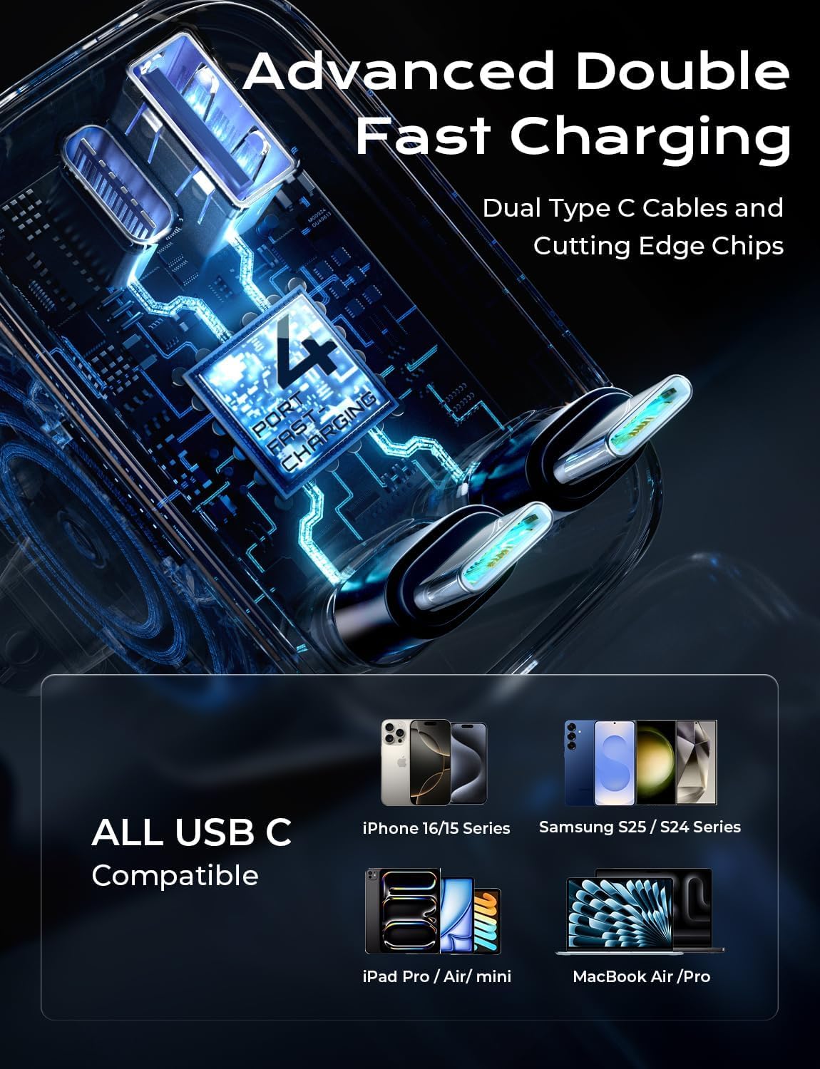 LISEN Retractable Car Charger, 84W Car Charger USB C Fast Charge, 4 in 1