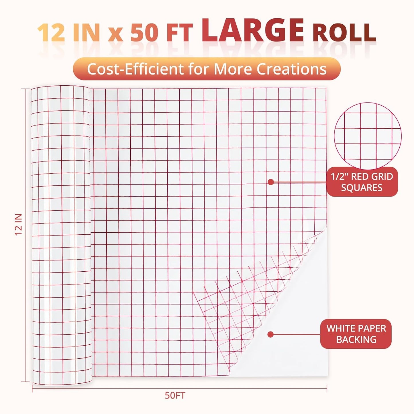 YRYM HT Transfer Tape for Vinyl, 12" x 50 FT, Medium Tack, Red
