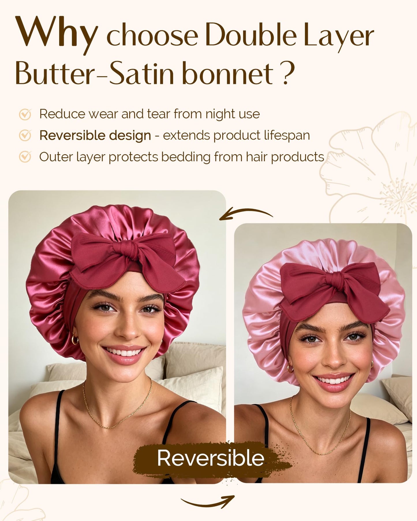 YANIBEST Adjustable Silk Bonnet for Sleeping Women Double Layer Satin Bonnet Reduce Friction Prevent Frizz Curly Hair