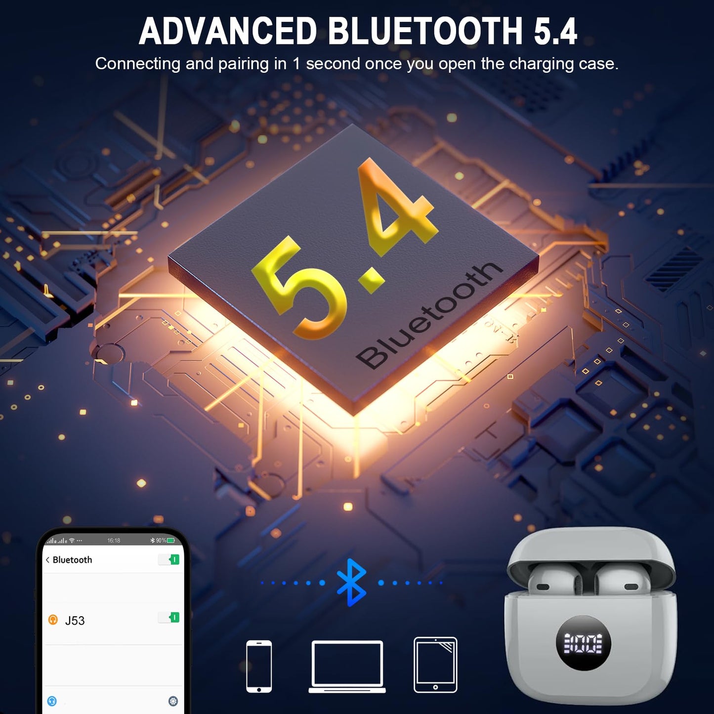Wireless Earbuds, Bluetooth 5.4 Ear Buds, LED Power Display, 6D Bass Stereo