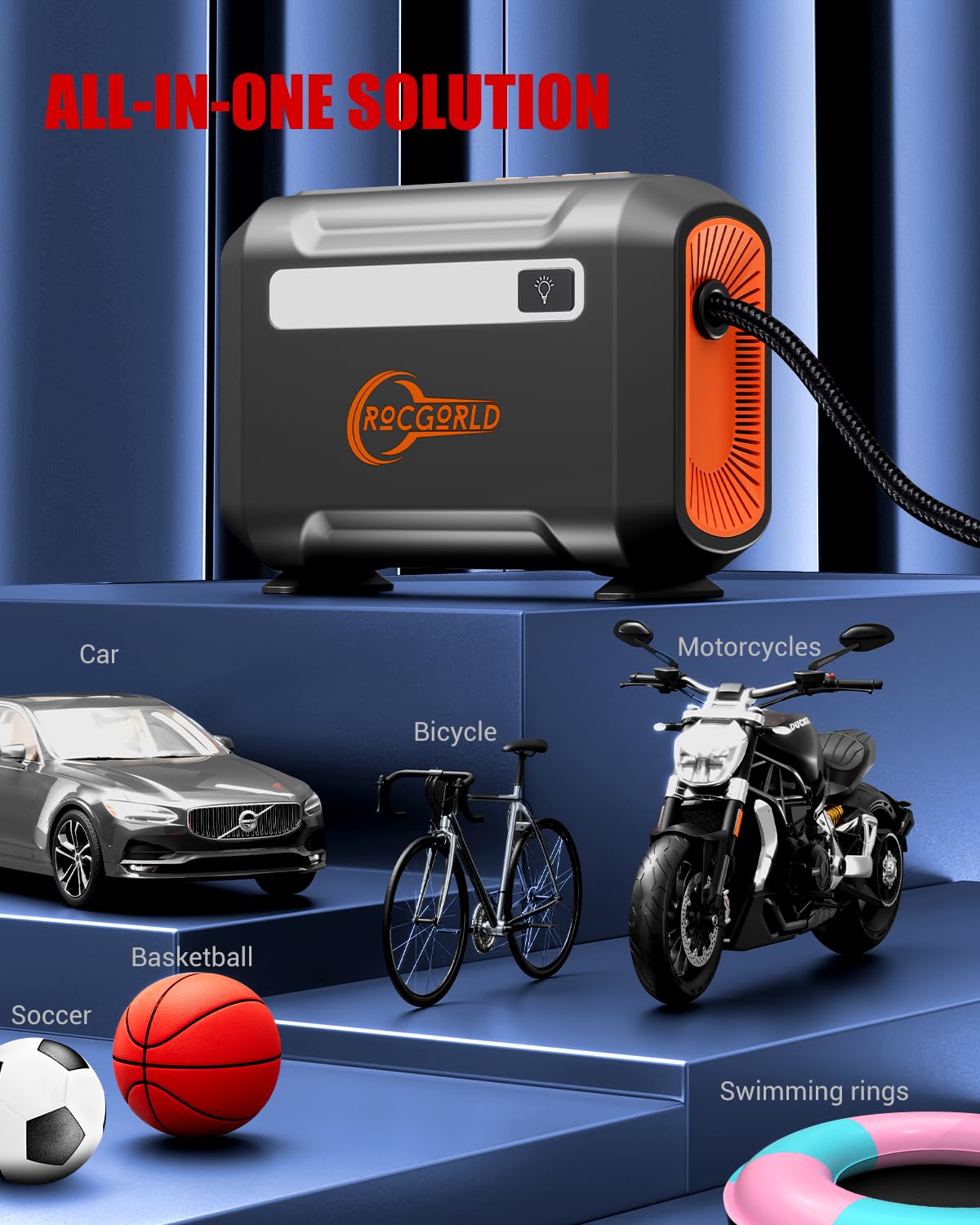 ROCGORLD R8 Tire Inflator Portable Air Compressor, DC 12V Air Compressor Portable with Large Dual Digital Screen, 3X Faster Inflation Air Pump for Car, Bike, Ball, Motor