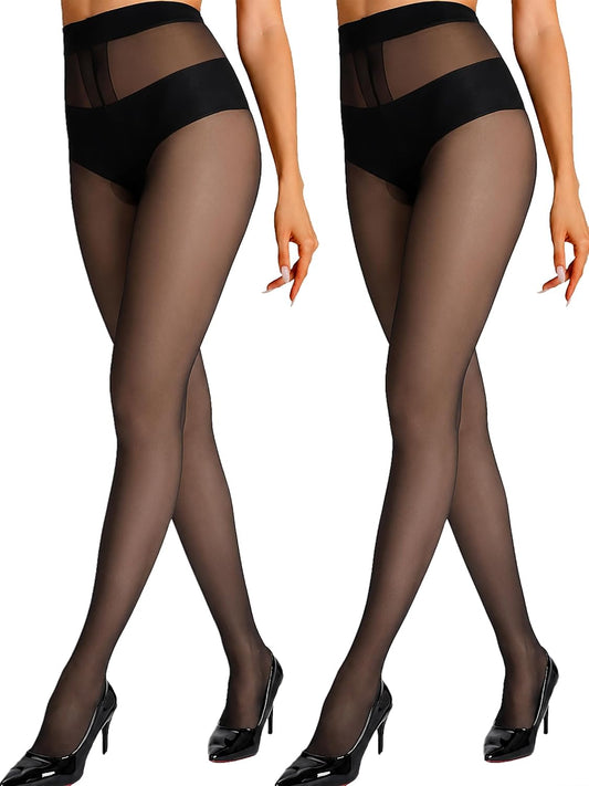 HONENNA Sheer Tights for Women 2 Pairs Ultra Thin Reinforced T Crotch Control Top Pantyhose Stockings