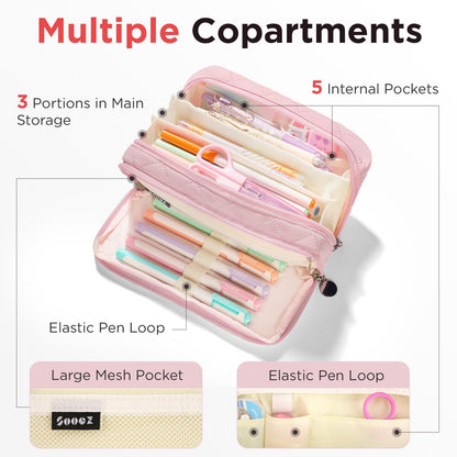 Sooez Large Pencil Case Pouch, Extra Big Pencil Bag with 8 Compartments, Pen Bag Wide Opening, Soft Quilted Pencil Pouch Organizer with Zipper, Portable Pencil Case for Teen Girls, Beige