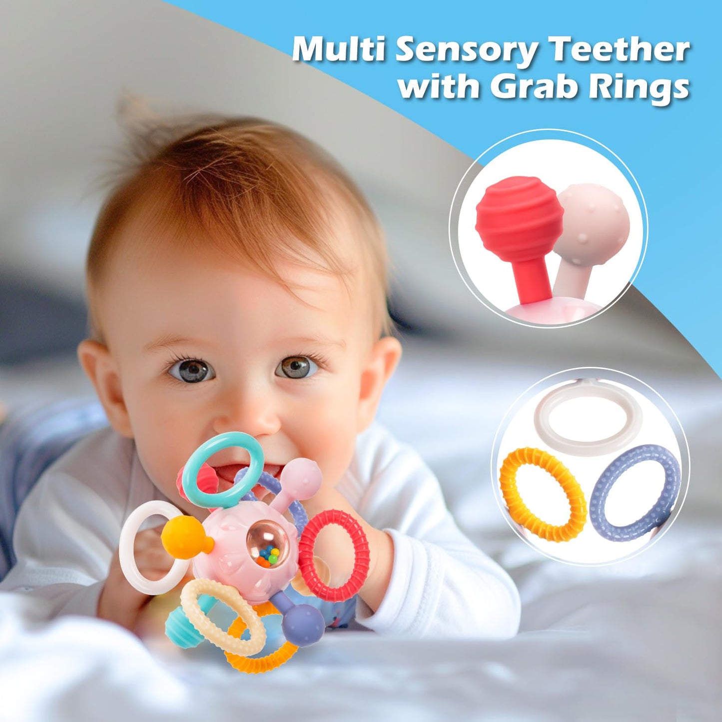 Baby Montessori Sensory Teething Toy 0-6 6-12 Months, Teether Ball & Rattle