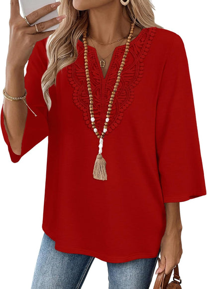 WIHOLL 3/4 Length Sleeve Womens Tops Boho V Neck Lace Shirt Trendy Blouses Dressy Casual Vacation Clothes S-3XL