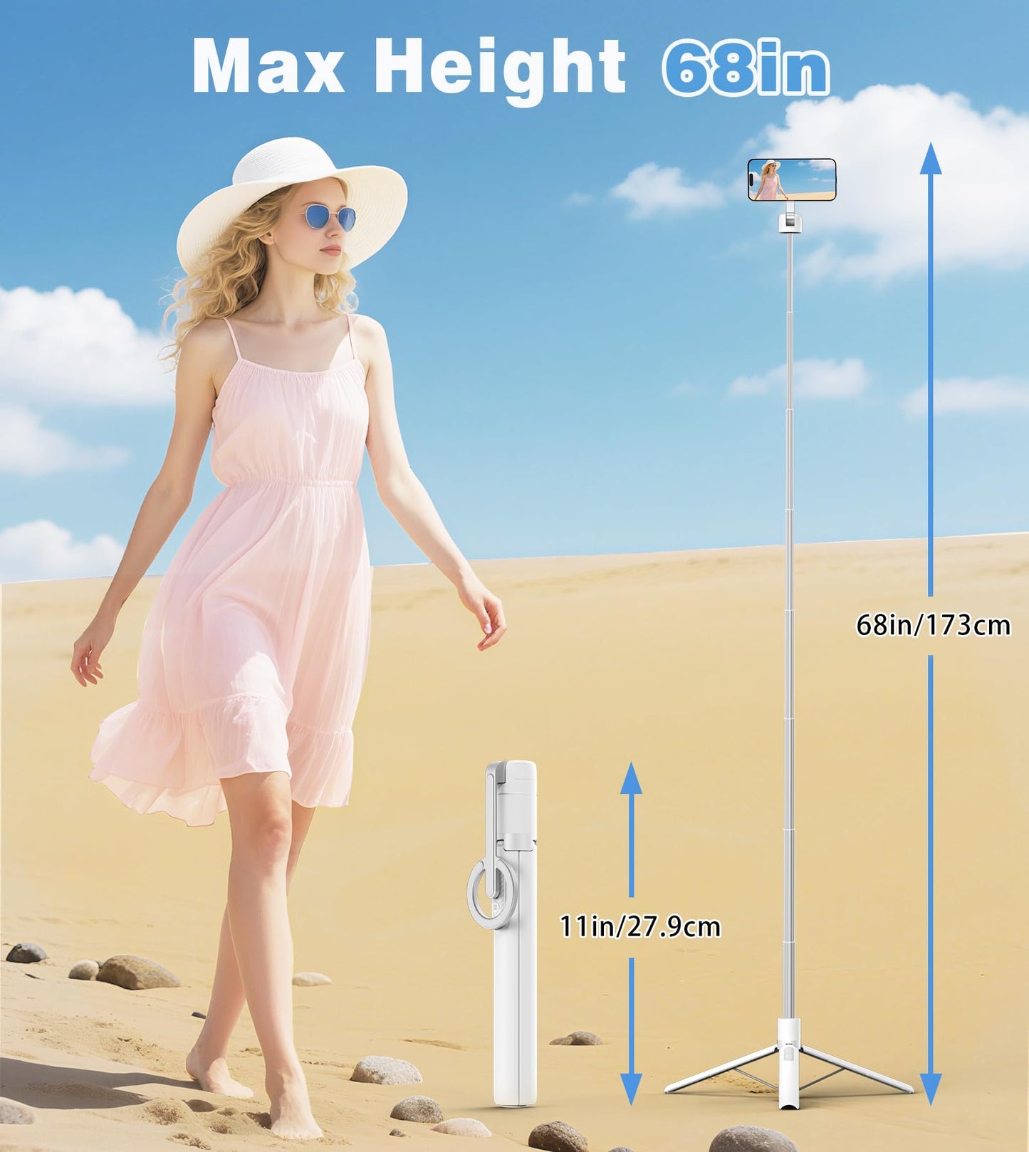 TONEOF 68" Magnetic Aluminum Phone Tripod Selfie Stick for iPhone & Android