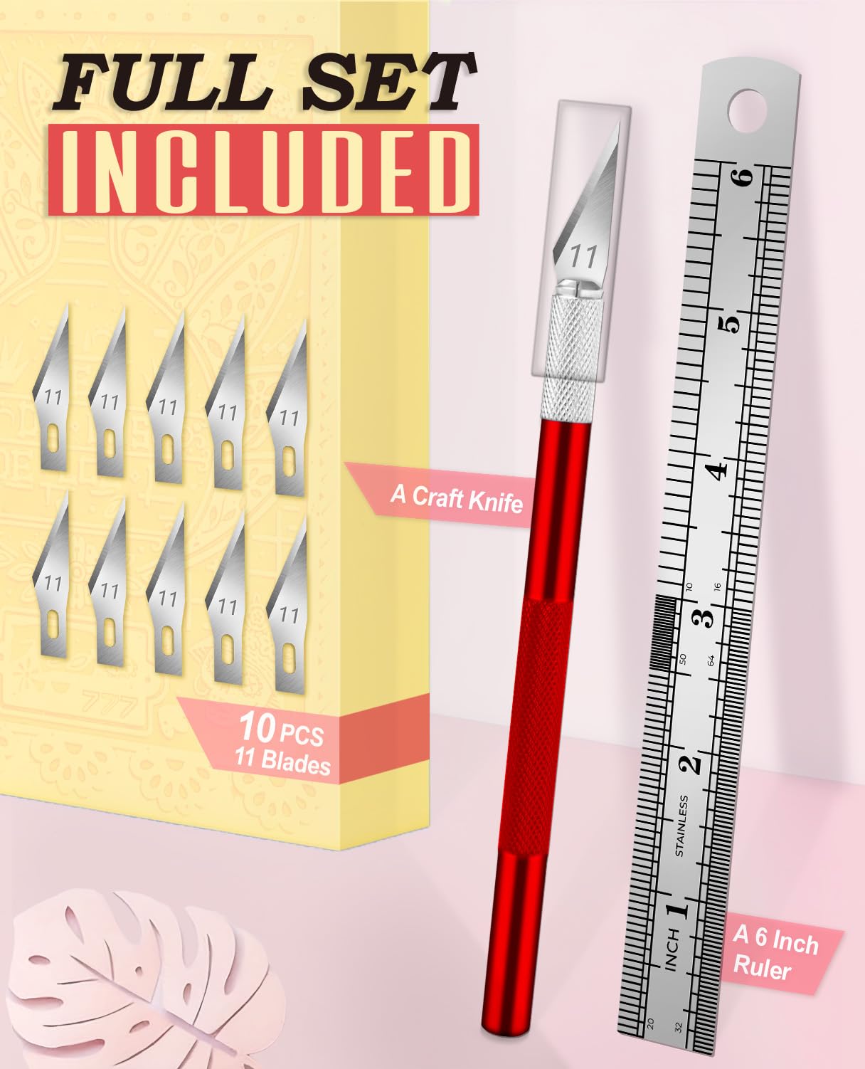 DIYSELF Exacto Knife Set with 10 Extra #11 Blades, 6-Inch Metal Ruler, Pink