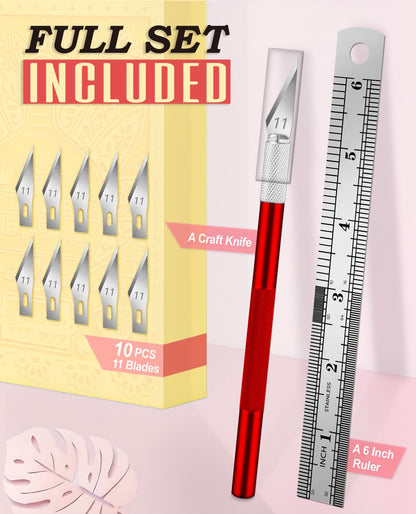 DIYSELF Exacto Knife Set with 10 Extra #11 Blades, 6-Inch Metal Ruler, Pink