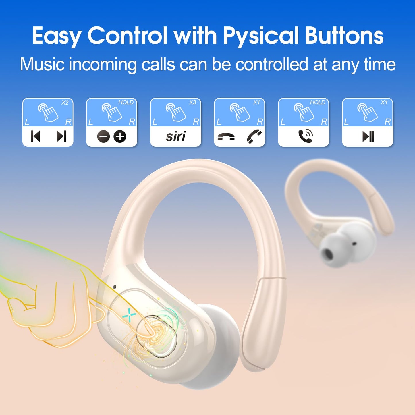 Wireless Earbuds 75H Bluetooth 5.4 Sport Headphones with Earhooks, Black