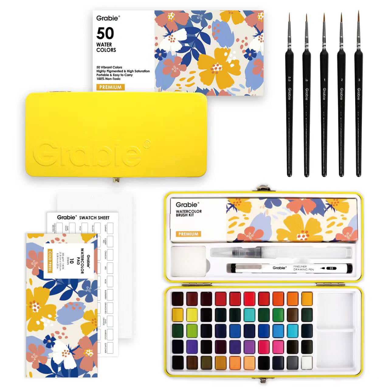 Grabie 50 Color Watercolor Paint Set with Brush Pens