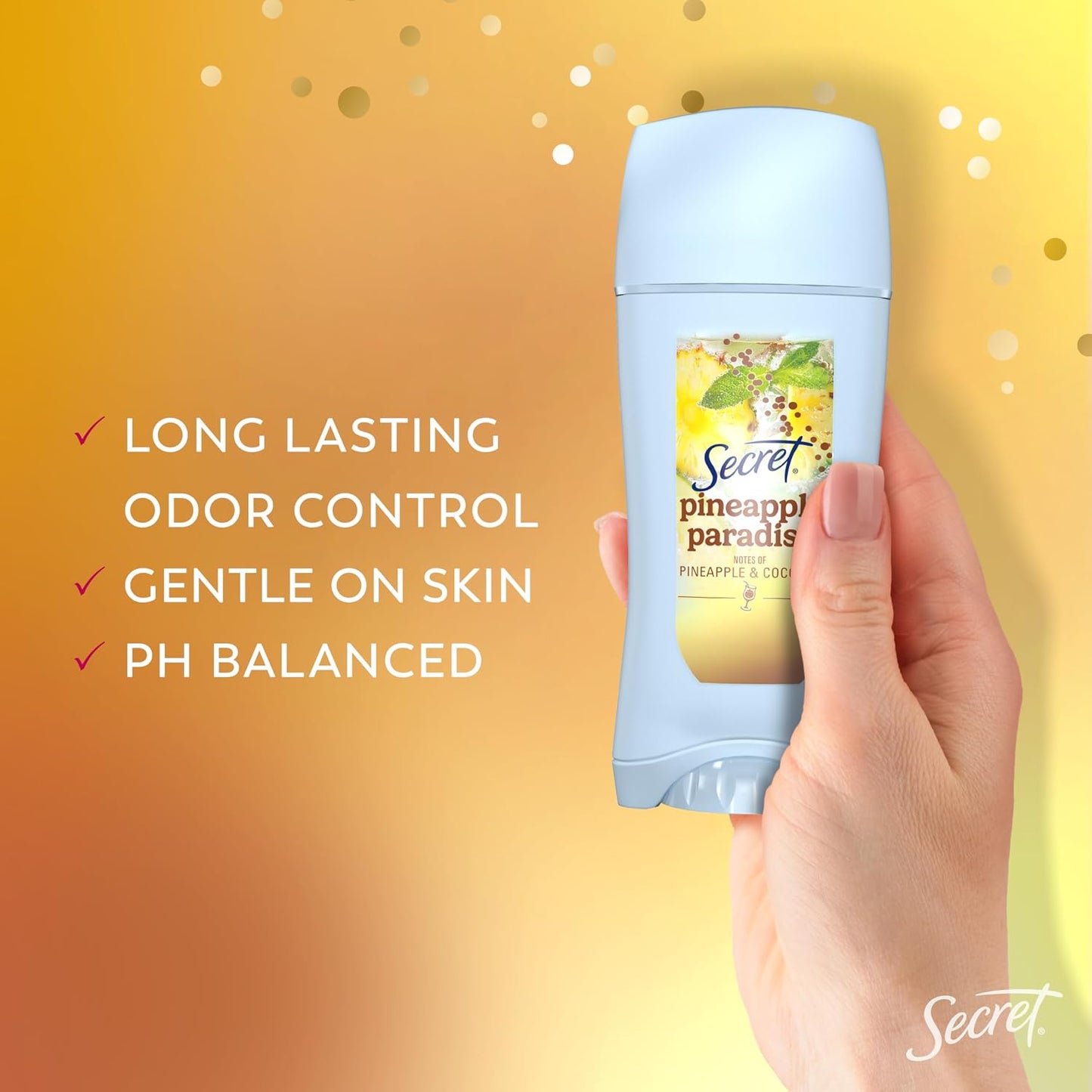 Secret Fresh Antiperspirant Deodorant for Women, 72hr Freshness on the Rocks with Pro-Hyaluronic Acid, Miami Mocktails Edition, Clear Gel, Pineapple Paradise with Pineapple & Coconut Scent, 2.6 oz
