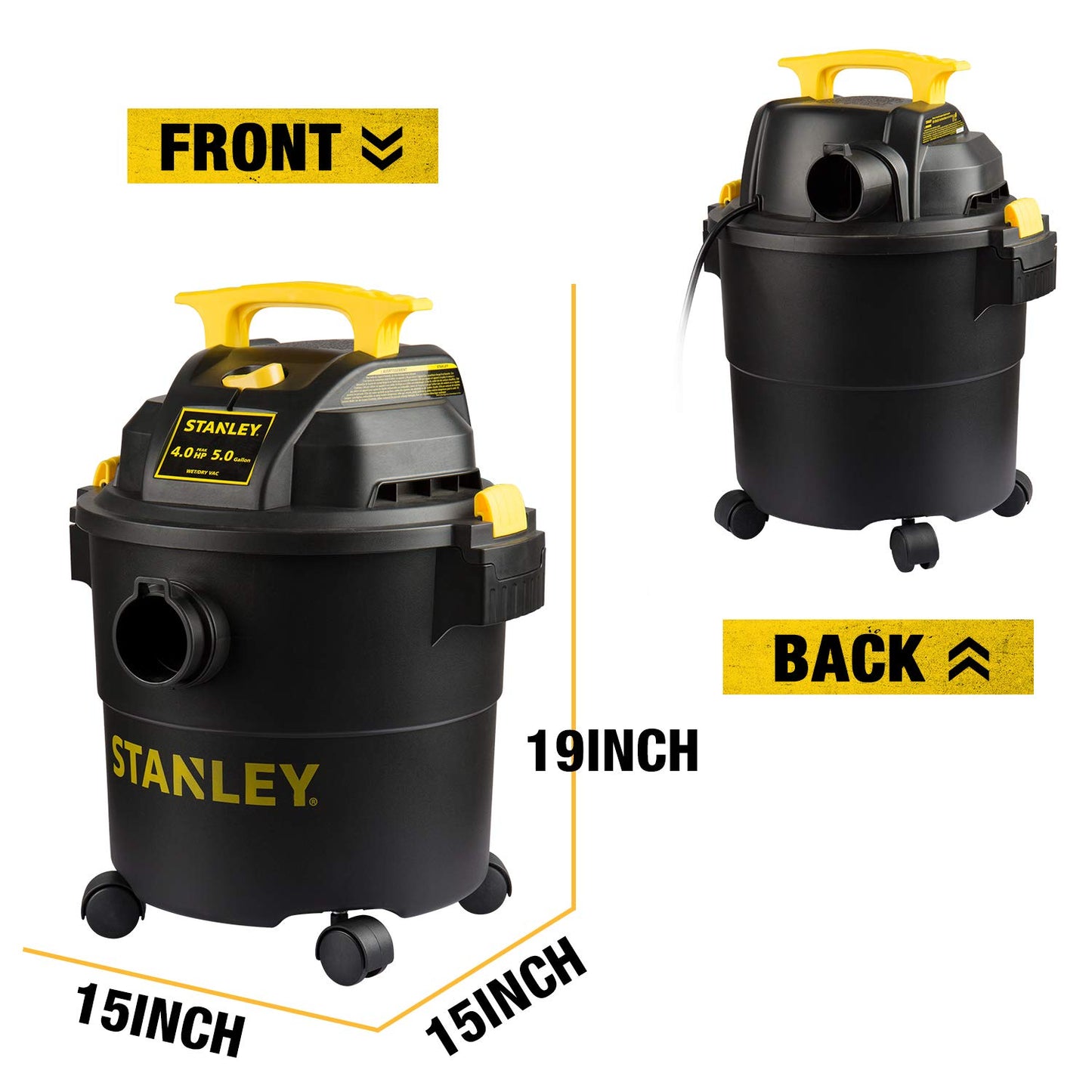 STANLEY Shop Vac SL18115P, 5 Gallon Peak 4 Horsepower Wet Dry Vacuums, Blower 3 in 1 Functions 15 Feet Cleaning Range for Garage, Carpet Clean, Shop Cleaning, Car Detailing with Attachments