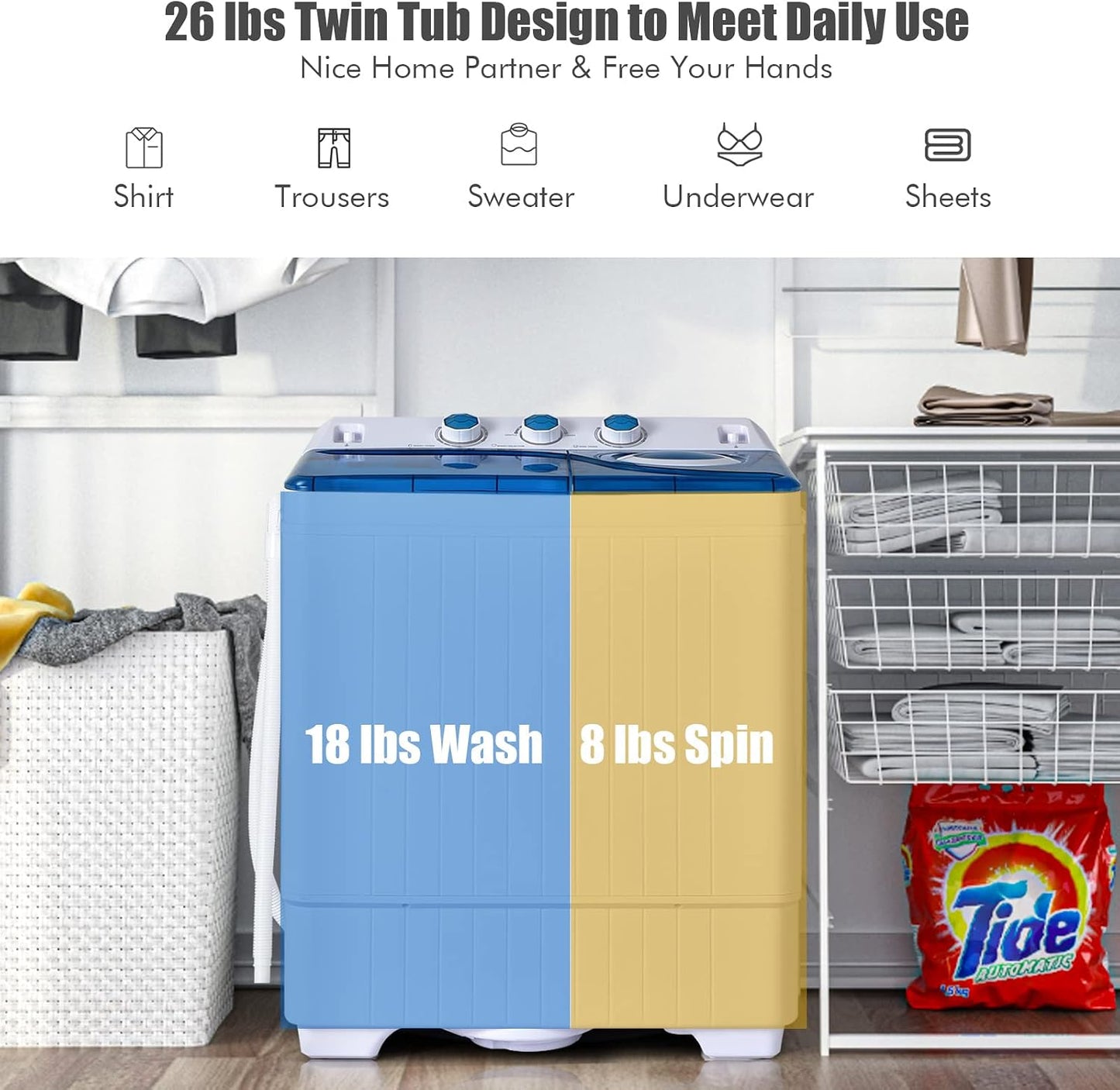 COSTWAY Portable Washing Machine, Twin Tub 26lbs Capacity Laundry Washer, 18lbs Washer and 8lbs Spinner Combo with Timer Knobs, Built-in Drain Pump, Compact Washer for Home Dorm Apartment, Blue+White