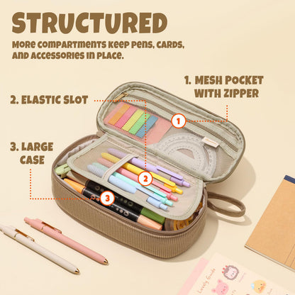 SUNEE Cute Pencil Case, Soft Corduroy Large Capacity Pencil Pouch, Aesthetic Zipper Pencil Bag, Big Storage Pen Organizer for Stationery, Pencil Box Back to School Supplies for Teen Girls Boys, Beige