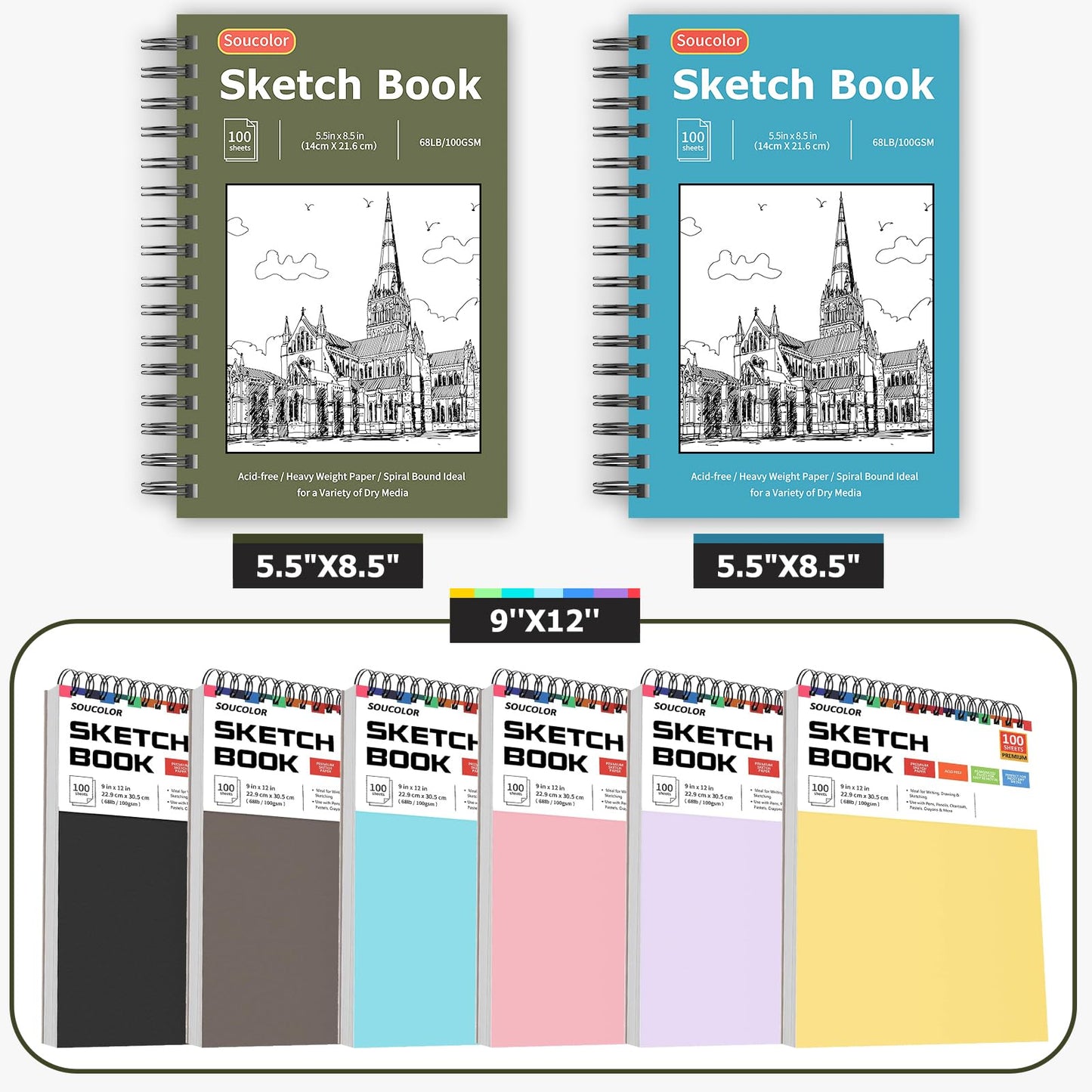 Soucolor Sketch Book 9" x 12", 100 Sheets Kids Art Sketchbook Drawing Pad