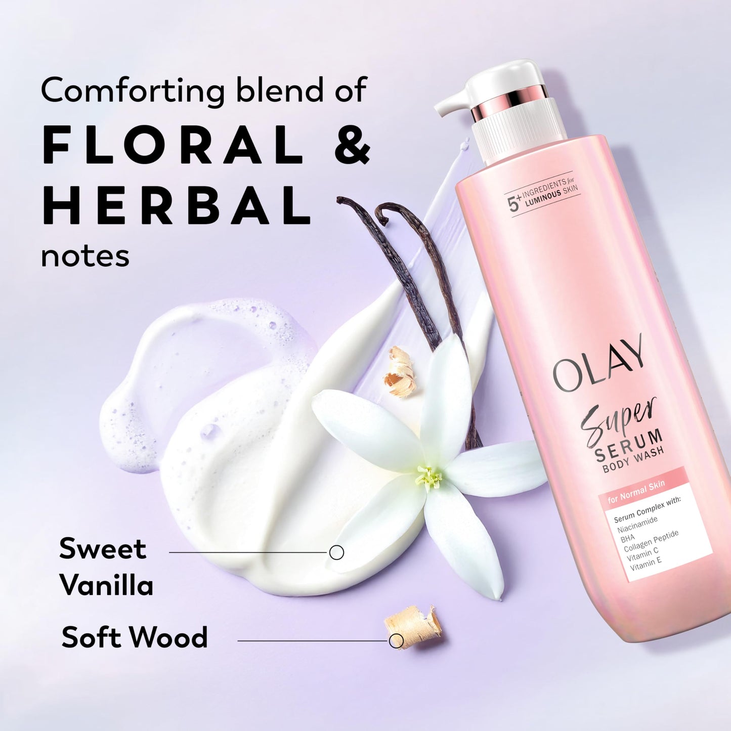 Olay Super Serum Body Wash for Extra Dry Skin, 24hr Long Lasting Rich Hydration, 5+ Ingredient Complex for Bright, Even, Firm, & Luminous Skin, with Collagen Peptide, Vitamin C & Shea Butter, 20 fl oz