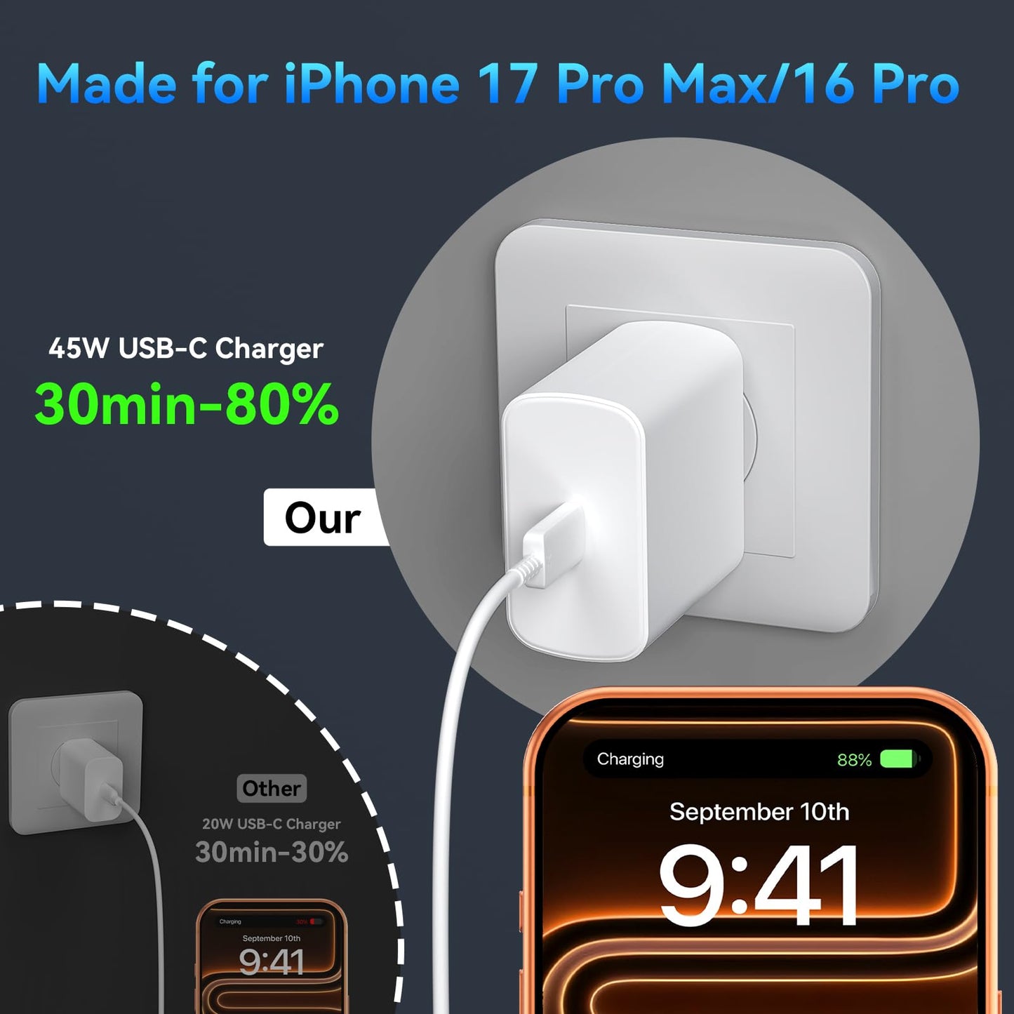 Phone 17 16 Pro Max Charger Fast Charging, 45W Super Fast USB C Charger Block with 10FT Long Charging Cord Cable for 17 16 Pro Max/17 16/16 Plus,15 Pro Max/15 Pro/15, Android Phone-Black