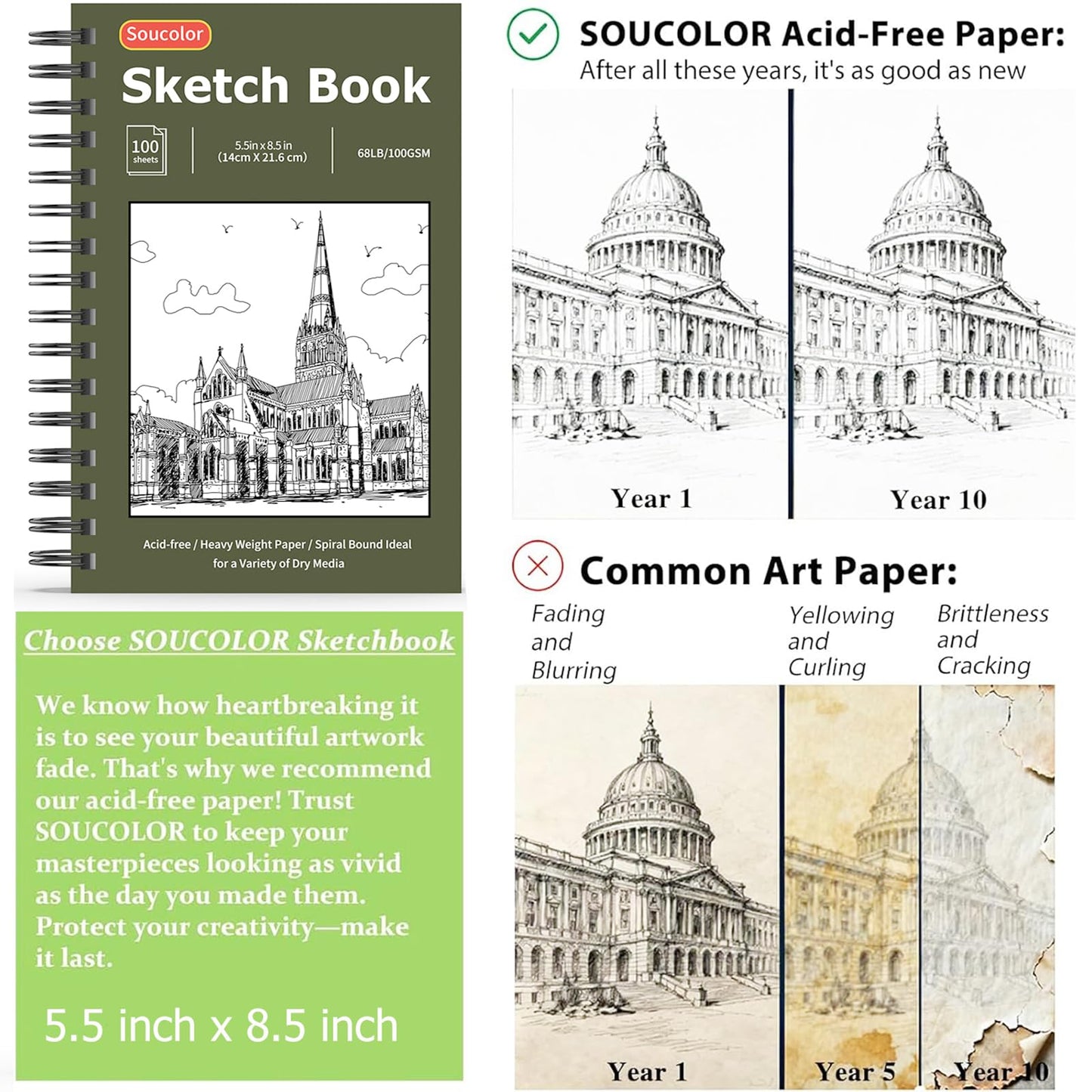 Soucolor Sketch Book 9" x 12", 100 Sheets Kids Art Sketchbook Drawing Pad