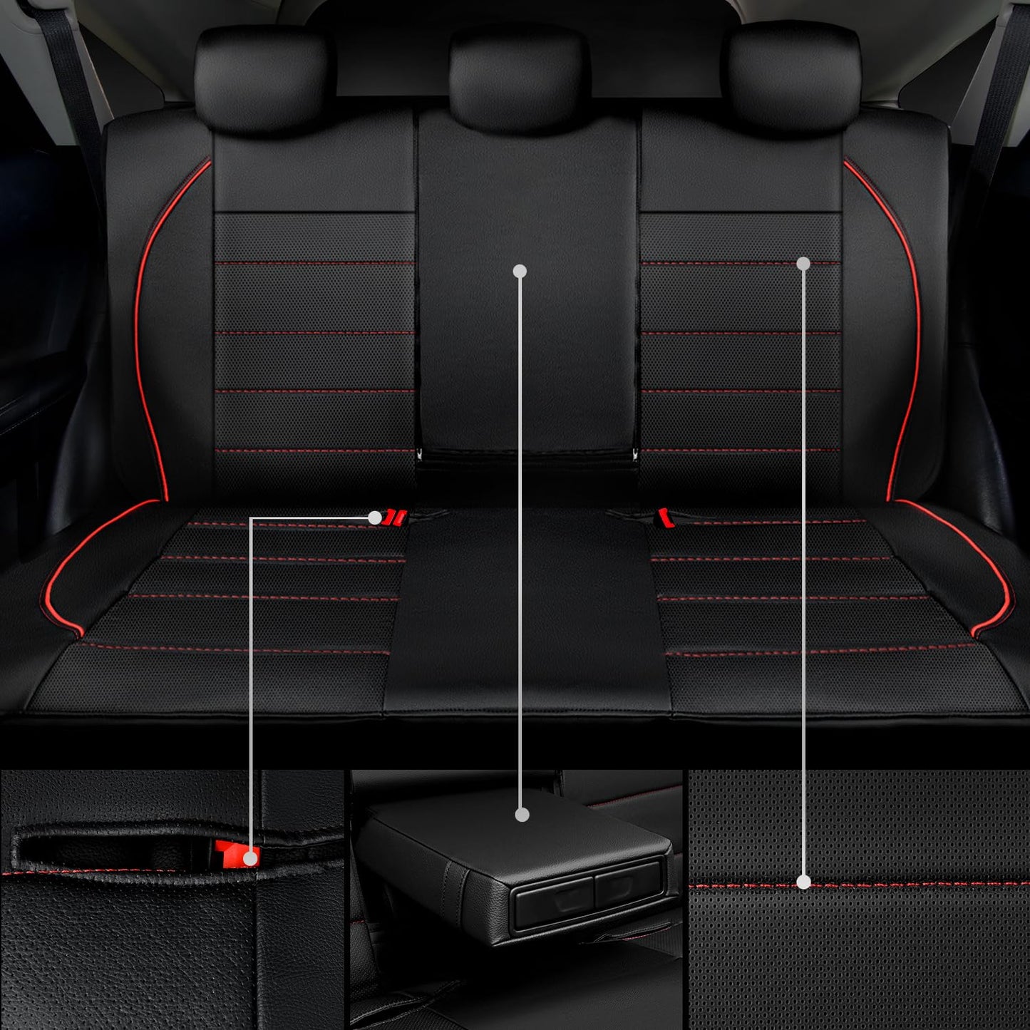 CAR PASS Universal FIT Piping Leather Car Seat Cover, for suvs,Van,Trucks,Airbag Compatible,Inside Zipper Design and Reserved Opening Holes (Full Set, Black and Red)