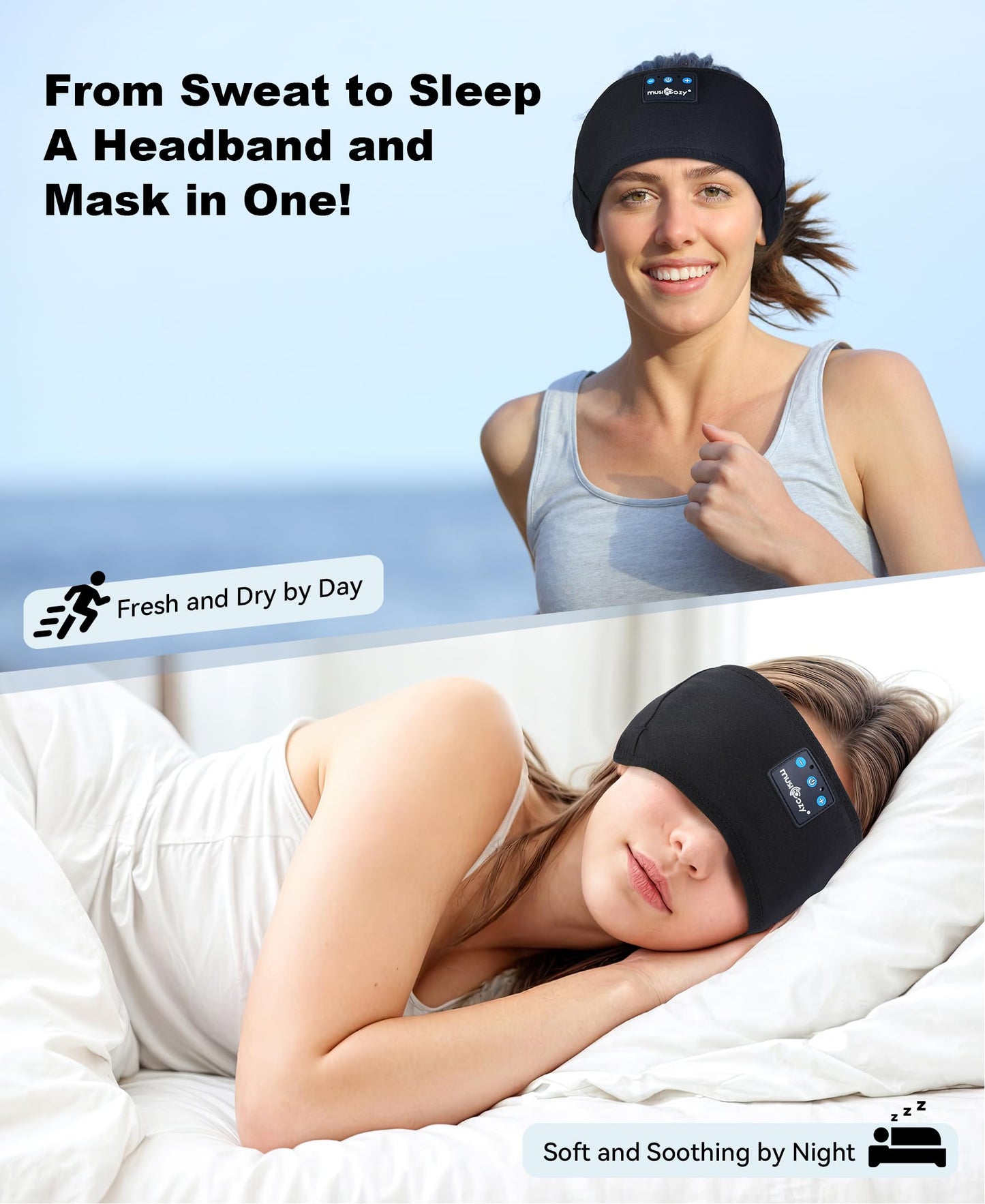 MUSICOZY Sleep Headphones Bluetooth Headband Headphones for Side Sleepers
